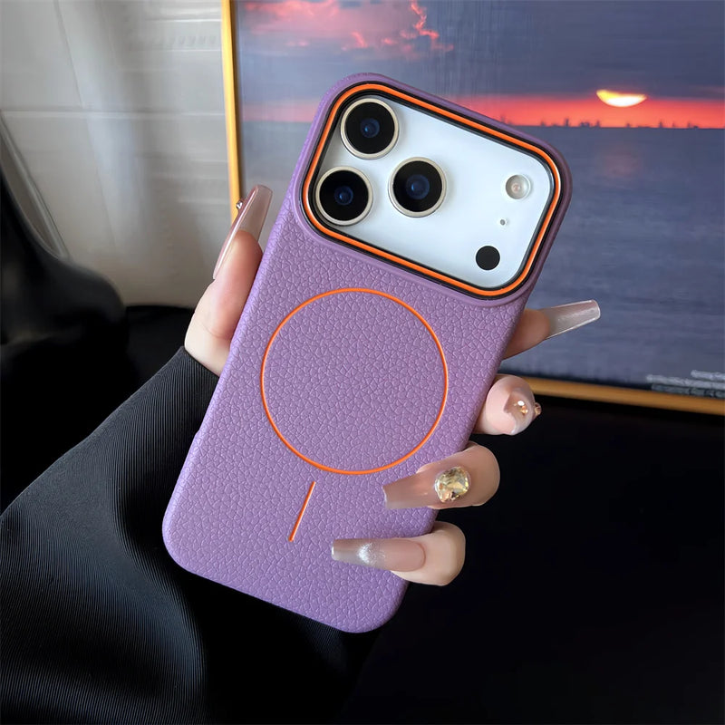 Frosted Hit Color Lichee Pattern Magnetic Phone Case For iPhone 17