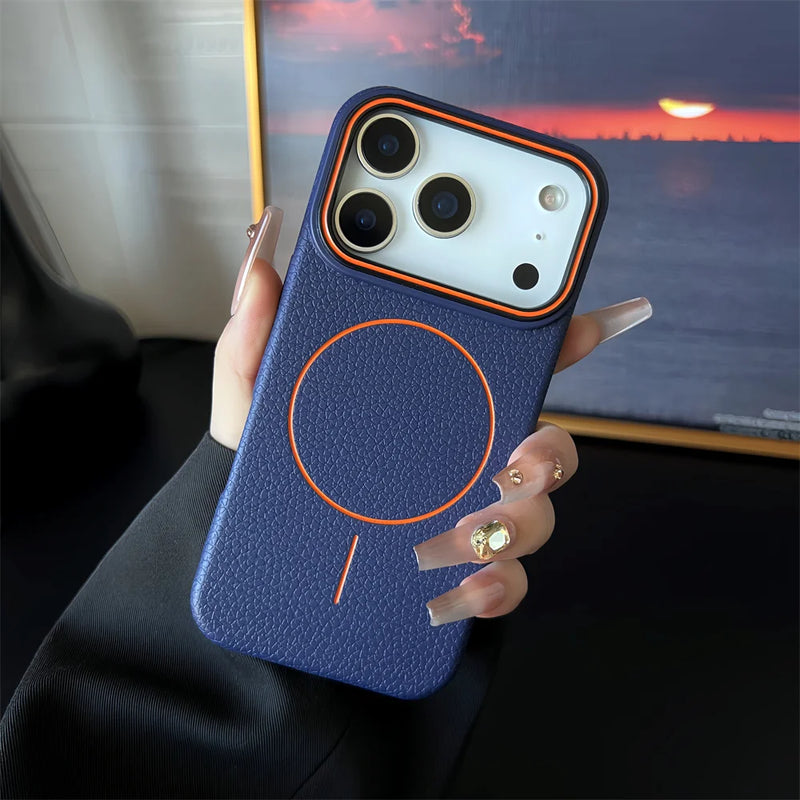 Frosted Hit Color Lichee Pattern Magnetic Phone Case For iPhone 17