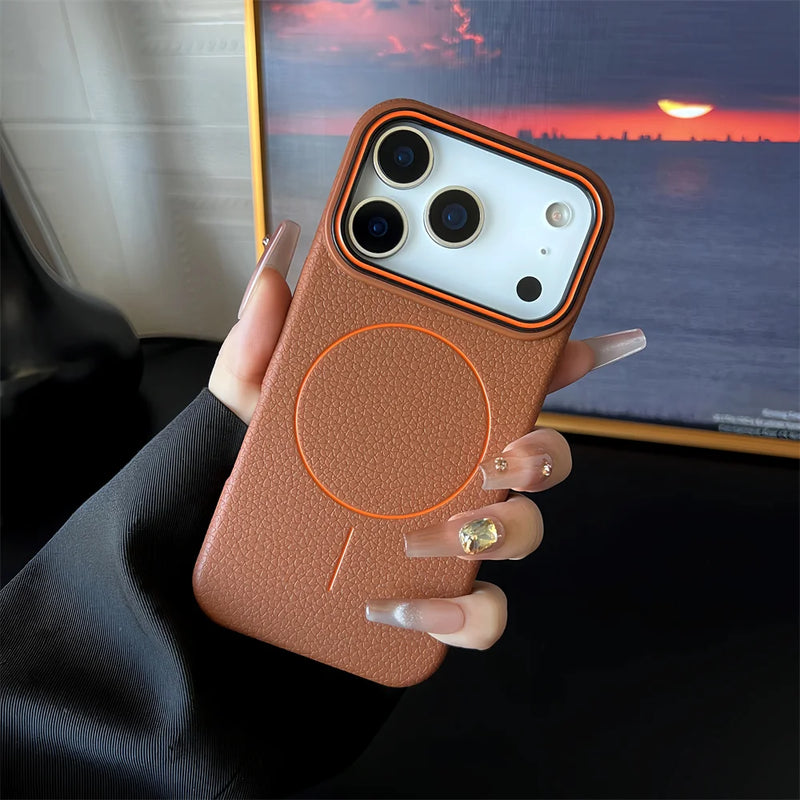 Frosted Hit Color Lichee Pattern Magnetic Phone Case For iPhone 17