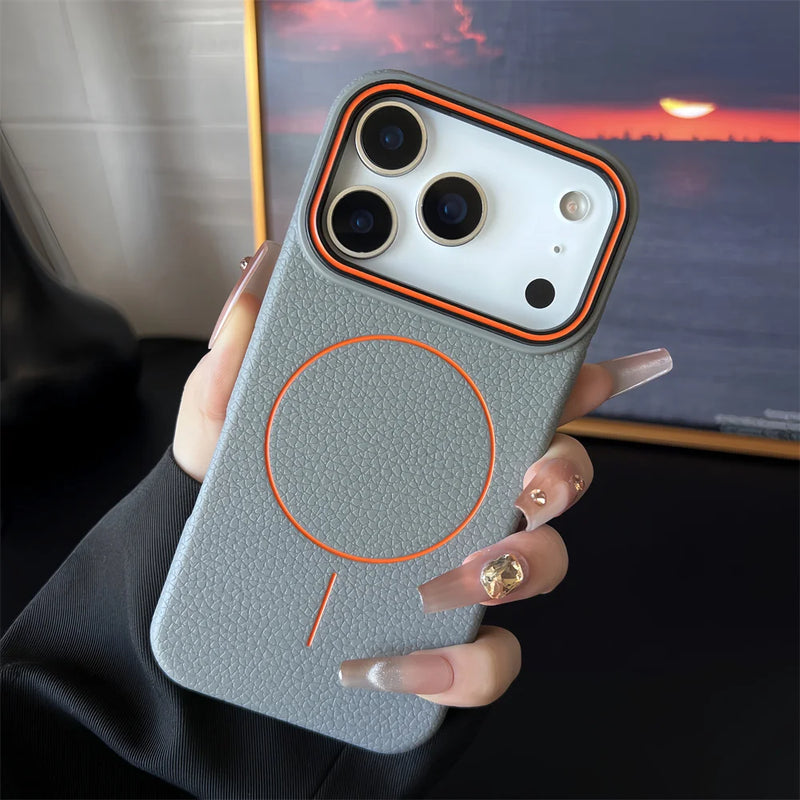 Frosted Hit Color Lichee Pattern Magnetic Phone Case For iPhone 17