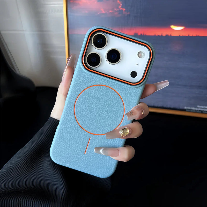 Frosted Hit Color Lichee Pattern Magnetic Phone Case For iPhone 17